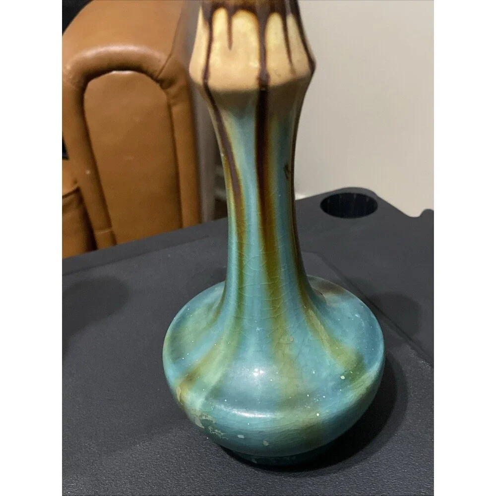 Belgium Made Drip Glaze Art Pottery Thin Bud Vase Hand Made Mid-Century